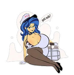 Size: 1303x1314 | Tagged: suggestive, artist:cakeponer, derpibooru import, oc, oc:milky way, unofficial characters only, human, big breasts, breasts, caption, clothes, huge breasts, humanized, image, image macro, pantyhose, png, simple background, solo, text, transparent background