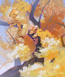 Size: 2000x2350 | Tagged: safe, artist:bukeshiyonggu185, artist:不可食用骨, derpibooru import, apple bloom, applejack, earth pony, pony, g4, autumn, autumn leaves, chest fluff, chromatic aberration, climbing, duo, female, filly, image, in a tree, leaf, leaves, mare, png, sweat, tree