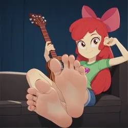 Size: 2496x2496 | Tagged: suggestive, ai content, derpibooru import, machine learning generated, prompter:kimberlite, stable diffusion, apple bloom, g4, couch, feet, fetish, foot fetish, foot focus, guitar, image, musical instrument, older, png