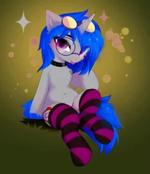 Size: 3483x4056 | Tagged: safe, artist:empress-twilight, derpibooru import, oc, pony, clothes, collar, commission, glasses, goggles, goggles on head, image, png, round glasses, socks, solo, striped socks, tongue out, ych result