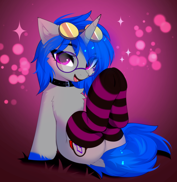 Size: 3152x3248 | Tagged: safe, artist:empress-twilight, derpibooru import, oc, unofficial characters only, pony, unicorn, chest fluff, choker, clothes, collar, commission, eye clipping through hair, glasses, goggles, goggles on head, horn, image, png, round glasses, socks, solo, striped socks, ych result