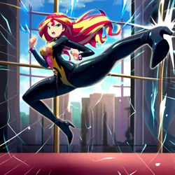 Size: 1024x1024 | Tagged: safe, ai content, derpibooru import, machine learning generated, novelai, prompter:shojin, stable diffusion, sunset shimmer, human, equestria girls, g4, boots, breasts, catsuit, cleavage, clothes, female, flying kick, high heel boots, high heels, image, kicking, martial arts, png, shoes, skintight clothes, solo