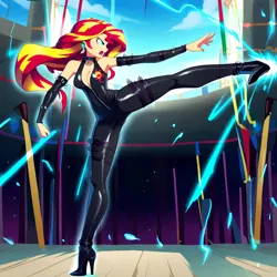 Size: 1024x1024 | Tagged: safe, ai content, derpibooru import, machine learning generated, novelai, prompter:shojin, stable diffusion, sunset shimmer, human, equestria girls, g4, absolute cleavage, boots, breasts, cleavage, clothes, female, high heel boots, high heels, image, kicking, leather, magic, martial arts, png, shoes, skintight clothes, solo