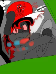 Size: 1200x1600 | Tagged: suggestive, artist:david_bal'air, derpibooru import, oc, oc:unknown pony, blunt, car, driving, drugs, hat, image, jpeg, marijuana, police car, pulled over, red eyes, smoke, smoking weed, tint, window