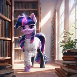 Size: 1280x1280 | Tagged: safe, ai content, derpibooru import, machine learning generated, prompter:ilham470, twilight sparkle, unicorn, g4, book, clothes, detailed, glow, glowing horn, horn, image, library, looking at you, png, socks, solo, stockings, thigh highs, window