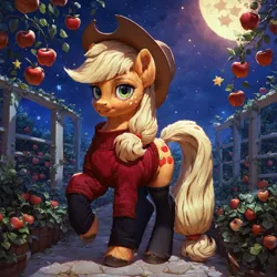 Size: 1280x1280 | Tagged: safe, ai content, derpibooru import, machine learning generated, prompter:ilham470, applejack, earth pony, pony, apple, apple tree, clothes, detailed, female, food, hat, hooves, image, mare, moon, night, png, socks, solo, stockings, sweater, thigh highs, tree