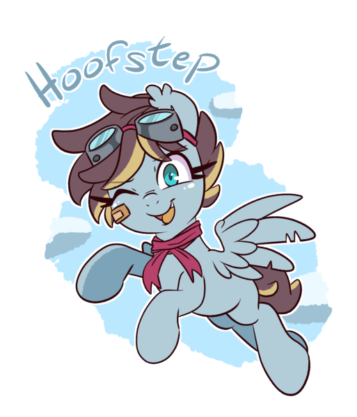 Size: 1104x1292 | Tagged: safe, artist:lou, derpibooru import, oc, oc:hoofstep, unofficial characters only, pegasus, pony, bandaid, blank flank, female, image, mare, one eye closed, pegasus oc, png, solo, wings, wink