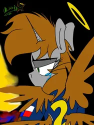 Size: 1200x1600 | Tagged: safe, artist:david_bal'air, derpibooru import, oc, oc:littlepip, unicorn, fallout equestria, angel, biblically accurate angels, biblically accurate pip, clothes, crying, eyelashes, horn, image, jpeg, jumpsuit, spread wings, tears of pain, wings