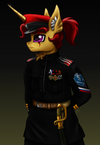 Size: 2000x2900 | Tagged: safe, artist:sunamoonmlp, derpibooru import, oc, unofficial characters only, pony, unicorn, g4, badge, clothes, costume, cute, cyrillic, derpibooru exclusive, hat, horn, image, male, military, military uniform, pins, png, russia, russian, russian flag, simple background, stallion, sword, uniform, war, weapon, world war i