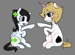 Size: 1500x1090 | Tagged: safe, artist:kthunae, derpibooru import, oc, oc:lucky strike, oc:wild card, unofficial characters only, pegasus, pony, unicorn, duo, female, filly, filly oc, foal, horn, image, patty cake, png, present, simple background