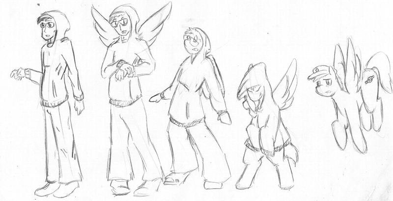 Size: 2177x1114 | Tagged: safe, artist:maxsilverfox, derpibooru import, oc, unofficial characters only, human, pegasus, pony, clothes, flying, hat, hoodie, human to pony, image, jpeg, male, sketch, solo, traditional art, transformation, transformation sequence