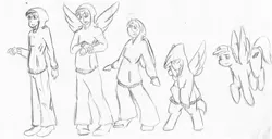 Size: 2177x1114 | Tagged: safe, artist:maxsilverfox, derpibooru import, oc, unofficial characters only, human, pegasus, pony, clothes, flying, hat, hoodie, human to pony, image, jpeg, male, sketch, solo, traditional art, transformation, transformation sequence