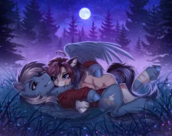 Size: 2048x1623 | Tagged: safe, artist:hakaina, ponerpics import, oc, oc:ondrea, unofficial characters only, pony, cuddling, female, image, jpeg, looking at each other, male, mare, night, stallion