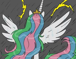 Size: 1160x899 | Tagged: safe, artist:poneigh777, derpibooru import, princess celestia, alicorn, image, jpeg, large wings, lightning, spread wings, storm, wet, wet mane, wings