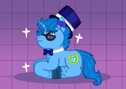 Size: 1105x777 | Tagged: safe, artist:fuzzybirdy2, derpibooru import, oc, oc:blueshield, unofficial characters only, pony, unicorn, blue coat, blue mane, bowtie, fluffy, hat, hooves, horn, image, jpeg, male, purple background, simple background, solo, sparkles, stallion, sunglasses, top hat