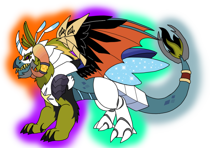 Size: 1414x1000 | Tagged: safe, artist:zetikoopa, derpibooru import, dragon lord torch, prince blueblood, oc, oc:khalfani, g4, fusion, image, male, monster prince blueblood, png, springtrap