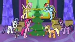 Size: 1920x1080 | Tagged: safe, artist:platinumdrop, derpibooru import, applejack, fluttershy, pinkie pie, rainbow dash, rarity, spike, twilight sparkle, twilight sparkle (alicorn), alicorn, dragon, pegasus, pony, g4, bipedal, box, christmas, christmas tree, commission, decorating, flying, holiday, hoof hold, image, magic, mane six, mouth hold, png, raised hoof, smiling, telekinesis, thinking, tree