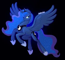 Size: 1500x1381 | Tagged: safe, artist:aethiri, derpibooru import, princess luna, alicorn, pony, g4, black background, blue eyes, blue mane, blue tail, crown, ethereal mane, ethereal tail, eyelashes, female, flowing mane, flowing tail, flying, hoof shoes, image, jewelry, lidded eyes, mare, one eye closed, peytral, png, princess shoes, regalia, simple background, solo, spread wings, starry mane, starry tail, tail, wings