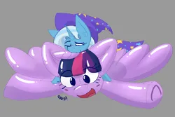 Size: 1620x1085 | Tagged: suggestive, artist:ponballoon, derpibooru import, trixie, twilight sparkle, twilight sparkle (alicorn), alicorn, inflatable pony, pooltoy pony, unicorn, g4, blush lines, blush sticker, blushing, front view, gray background, horn, image, implied transformation, inflatable, one eye closed, open mouth, open smile, png, pool toy, riding, simple background, smiling, underhoof