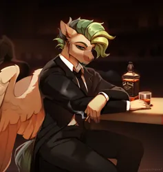 Size: 3882x4096 | Tagged: safe, artist:myscherri, derpibooru import, oc, unofficial characters only, anthro, pegasus, alcohol, bar, cigarette, clothes, facial hair, goatee, image, jack daniels, jpeg, male, necktie, sitting, solo, spread wings, suit, whiskey, wings