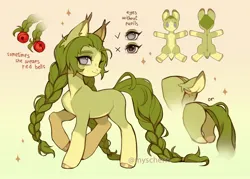 Size: 3720x2658 | Tagged: safe, artist:myscherri, derpibooru import, oc, unofficial characters only, earth pony, pony, bell, braid, braided tail, deer tail, female, gradient background, image, jpeg, mare, no pupils, reference sheet, solo, tail