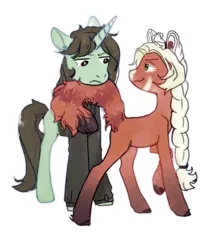 Size: 2700x3200 | Tagged: safe, artist:sivelu, derpibooru import, oc, unofficial characters only, earth pony, pony, unicorn, braid, clothes, duo, female, horn, image, looking at each other, looking at someone, male, mare, png, simple background, stallion, unamused, white background