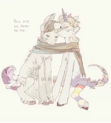 Size: 3069x3400 | Tagged: safe, artist:sivelu, derpibooru import, oc, unofficial characters only, pony, unicorn, clothes, duo, horn, image, jpeg, leg warmers, male, scarf, shared clothing, shared scarf, simple background, sitting, stallion, unshorn fetlocks, white background