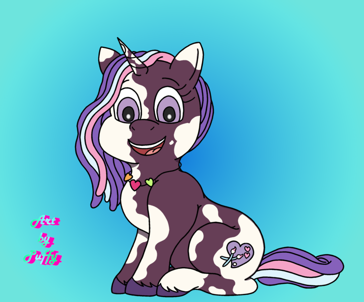 Size: 2625x2182 | Tagged: safe, artist:puffydearlysmith, derpibooru import, violette rainbow, pony, unicorn, g5, my little pony: tell your tale, dreadlocks, female, filly, foal, gradient background, happy, horn, image, jewelry, looking at you, necklace, open mouth, open smile, png, smiling, smiling at you, vitiligo