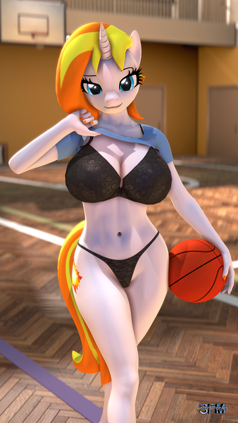 Size: 1080x1920 | Tagged: suggestive, artist:anthroponiessfm, derpibooru import, oc, oc:sunny blossom, unofficial characters only, anthro, unicorn, 3d, anthro oc, basketball, big breasts, bra, breasts, cleavage, clothes, female, horn, image, looking at you, panties, png, sexy, shirt, shirt lift, solo, solo female, source filmmaker, sports, underwear, unicorn oc