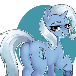 Size: 1024x1024 | Tagged: suggestive, artist:cloveryrhythm, derpibooru import, trixie, pony, unicorn, g4, butt, colored, dock, eyebrows, eyelashes, featureless crotch, female, frog (hoof), grin, horn, image, lidded eyes, looking at you, looking back, looking back at you, png, raised hoof, shading, smiling, smiling at you, smirk, solo, solo female, tail, the great and powerful ass, underhoof