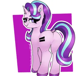 Size: 1024x1024 | Tagged: suggestive, artist:cloveryrhythm, derpibooru import, starlight glimmer, pony, unicorn, g4, behind, butt, colored, cutie mark, dock, equal cutie mark, eyebrows, featureless crotch, female, glimmer glutes, hoof polish, hooves, horn, image, looking at you, looking back, looking back at you, plot, png, raised eyebrow, shading, simple background, smiling, smirk, solo, solo female, tail