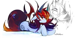 Size: 2860x1466 | Tagged: safe, artist:madragon, derpibooru import, oc, oc:vienna, unofficial characters only, pony, succubus, :3, collar, demon wings, devil horns, evil grin, female, floppy ears, grin, horns, image, looking at you, lying down, mare, png, sketch, sketch dump, smiling, solo, wings