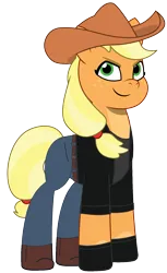 Size: 1077x1763 | Tagged: safe, artist:edy_january, artist:prixy05, derpibooru import, edit, editor:edy_january, vector edit, applejack, earth pony, pony, g4, g5, my little pony: tell your tale, applejack's hat, clothes, cowboy hat, denim, g4 to g5, generation leap, gloves, hat, image, jacket, jean pants, jeans, pants, png, shirt, simple background, solo, t-shirt, threat, transparent background, vector