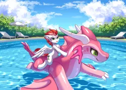 Size: 2535x1825 | Tagged: safe, artist:airiniblock, derpibooru import, oc, oc:swift apex, unofficial characters only, pegasus, pony, belly, cloud, image, inflatable toy, pegasus oc, png, pool toy, riding, sky, swimming pool, water, wings