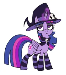 Size: 529x597 | Tagged: safe, artist:sunbusting, derpibooru import, twilight sparkle, twilight sparkle (alicorn), alicorn, pony, g4, choker, clothes, costume, female, halloween, halloween costume, hat, holiday, image, jpeg, mare, nightmare night, nightmare night costume, simple background, skull, socks, solo, striped socks, white background, witch costume, witch hat