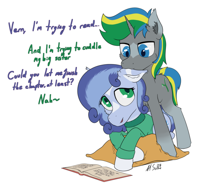 Size: 5760x5336 | Tagged: safe, artist:al solae, derpibooru import, oc, oc:hiemal breeze, oc:vernal breeze, unofficial characters only, earth pony, pony, unicorn, biting, blue eyes, book, brother and sister, clothes, cuddling, curly hair, curly mane, cushion, dialogue, duo, ear bite, ear fluff, earth pony oc, female, green eyes, horn, image, male, mare, png, reading, siblings, stallion, sweater, unicorn oc