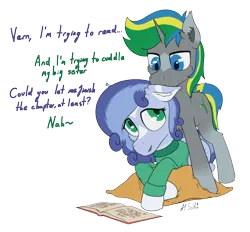 Size: 5760x5336 | Tagged: safe, artist:al solae, derpibooru import, oc, oc:hiemal breeze, oc:vernal breeze, unofficial characters only, earth pony, pony, unicorn, biting, blue eyes, book, brother and sister, clothes, cuddling, curly hair, curly mane, cushion, dialogue, duo, ear bite, ear fluff, earth pony oc, female, green eyes, horn, image, male, mare, png, reading, siblings, stallion, sweater, unicorn oc