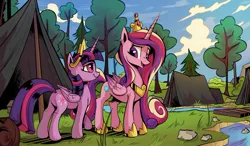 Size: 1170x683 | Tagged: safe, artist:kaleido-art, artist:lummh, derpibooru import, princess cadance, twilight sparkle, twilight sparkle (alicorn), alicorn, pony, g4, butt, camping, crown, female, hoof shoes, image, jewelry, jpeg, mare, outdoors, peytral, plot, princess shoes, regalia, river, rock, stream, tent, tree, twibutt, water