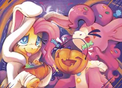 Size: 2126x1536 | Tagged: safe, artist:cutepencilcase, fluttershy, pinkie pie, earth pony, pegasus, pony, g4, animal costume, bag, bunny costume, candy bag, clothes, clown, clown makeup, costume, duo, halloween, halloween costume, holiday, image, nightmare night costume, png