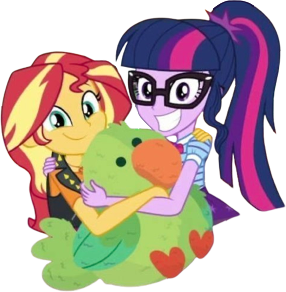 Size: 2466x2520 | Tagged: safe, derpibooru import, edit, edited screencap, editor:mrtoonlover83, screencap, sci-twi, sunset shimmer, twilight sparkle, bird, human, parakeet, equestria girls, g4, background removed, equestria girls specials, female, glasses, image, my little pony equestria girls: rollercoaster of friendship, not a vector, plushie, png, ponytail, smiling