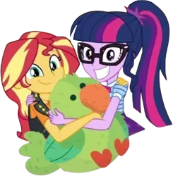 Size: 2466x2520 | Tagged: safe, derpibooru import, edit, edited screencap, editor:mrtoonlover83, screencap, sci-twi, sunset shimmer, twilight sparkle, bird, human, parakeet, equestria girls, g4, background removed, equestria girls specials, female, glasses, image, my little pony equestria girls: rollercoaster of friendship, not a vector, plushie, png, ponytail, smiling