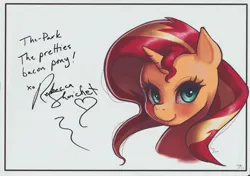 Size: 3507x2475 | Tagged: safe, artist:the-park, derpibooru import, sunset shimmer, pony, unicorn, g4, autograph, bust, female, high res, horn, image, jpeg, mare, portrait, rebecca shoichet, signed, smiling, solo, text, voice actor