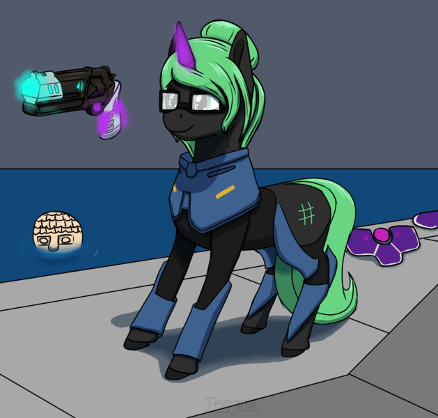 Size: 1510x1440 | Tagged: safe, artist:terminalhash, derpibooru import, oc, ponified, pony, unicorn, clothes, cosplay, costume, gun, handgun, horn, image, magic, pistol, png, revolver, simple background, solo, ultrakill, v1, weapon