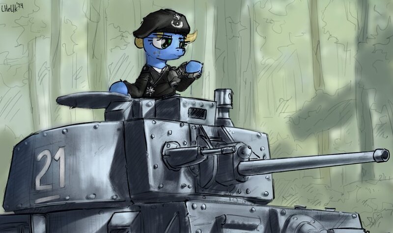 Size: 900x534 | Tagged: safe, artist:uteuk, derpibooru import, oc, pony, clothes, female, image, jpeg, mare, military, military pony, military uniform, panzer, panzer 38(t), soldier, soldier pony, tank (vehicle), uniform, weapon