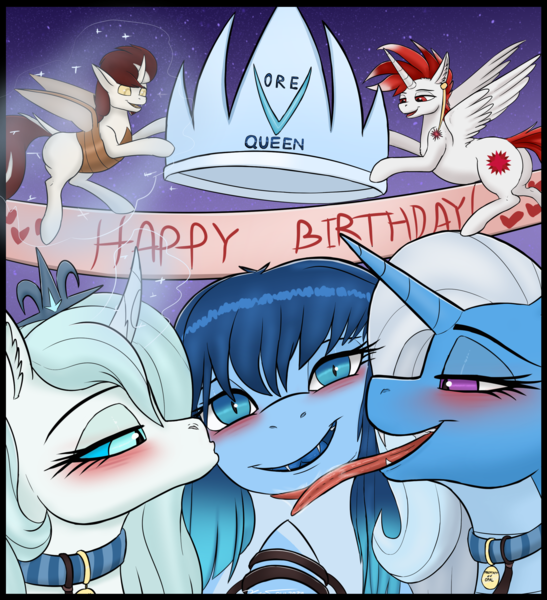 Size: 2388x2619 | Tagged: suggestive, artist:xyi, derpibooru import, oc, oc:biepbot, oc:grazia, oc:opal brona, oc:ryoku memori, oc:triksa, unofficial characters only, alicorn, changeling, changeling queen, birthday, blushing, collar, crown, female, image, jewelry, lace, licking, png, regalia, tongue out