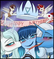 Size: 2388x2619 | Tagged: suggestive, artist:xyi, derpibooru import, oc, oc:biepbot, oc:grazia, oc:opal brona, oc:ryoku memori, oc:triksa, unofficial characters only, alicorn, changeling, changeling queen, birthday, blushing, collar, crown, female, image, jewelry, lace, licking, png, regalia, tongue out