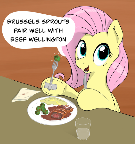 Size: 1019x1088 | Tagged: safe, artist:eels, derpibooru import, fluttershy, pegasus, pony, g4, female, folded wings, food, fork, image, knife, mare, meat, omnivore, png, ponies eating meat, solo, tape, underhoof, wings