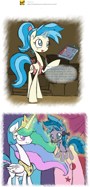 Size: 1280x2654 | Tagged: safe, artist:askaponywithbraces, derpibooru import, air way, allie way, pearly whites, princess celestia, pony, g4, apron, book, braces, clothes, female, filly, foal, image, magic, png