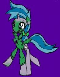 Size: 1280x1638 | Tagged: safe, artist:askaponywithbraces, derpibooru import, air way, pearly whites, pony, unicorn, g4, clothes, costume, hoodie, horn, image, jpeg, nightmare night costume, purple background, simple background, solo