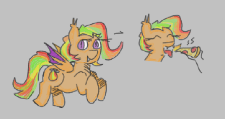 Size: 764x407 | Tagged: safe, artist:otl crafts, derpibooru import, oc, oc:anon, oc:mangoes, unofficial characters only, bat pony, pony, /create/, bat pony oc, bat wings, digital art, eating, flying, food, image, multicolored mane, pizza, png, slit pupils, wings